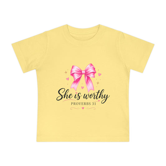 Baby T-Shirt "She is Worthy" Pink Bow Proverbs 31 – Christian Infant Tee