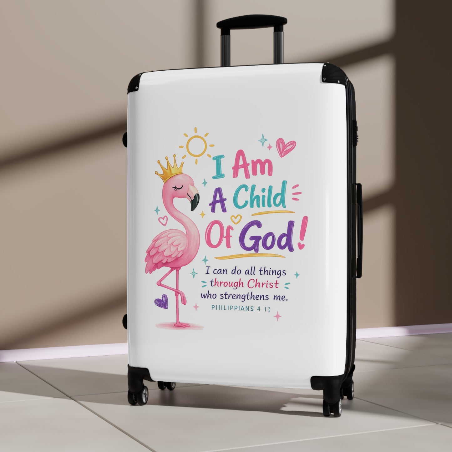 Child of God Kids Suitcase – Pink Flamingo Faith Travel Luggage (Philippians 4:13)