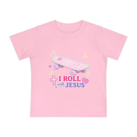 Baby T-Shirt - "I Roll with Jesus" Pink Skateboard Christian Infant Tee