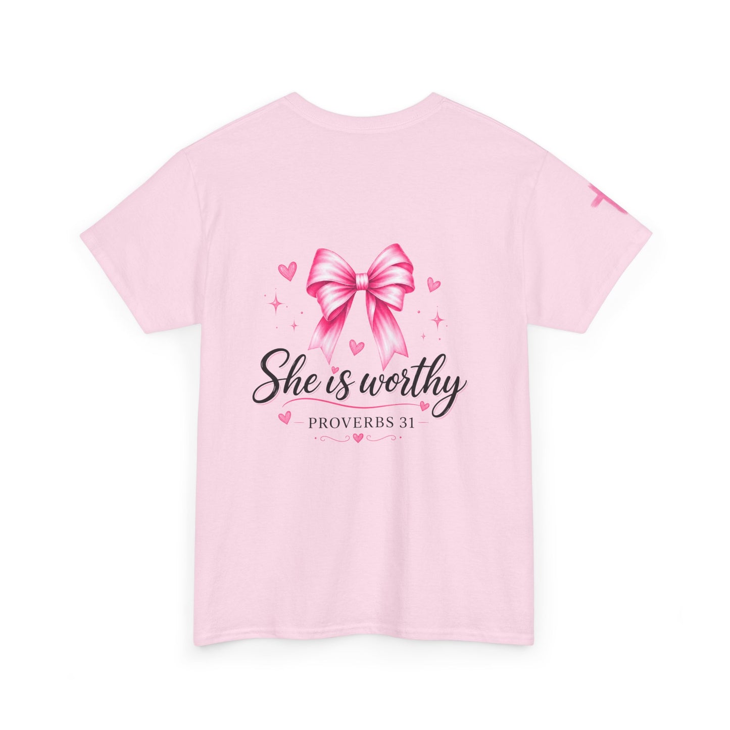 She Is Worthy T-Shirt — "I Know Jesus Loves Me" Pink Bow Christian Tee (Proverbs 31)