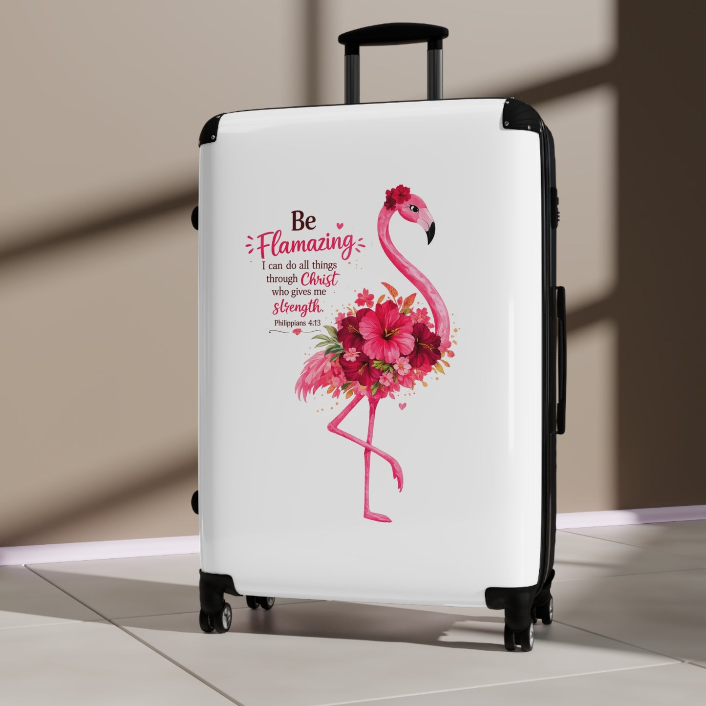 Flamingo Christian Carry-On Suitcase – "Be Flamingo: I can do all things through Christ..." Inspirational Luggage