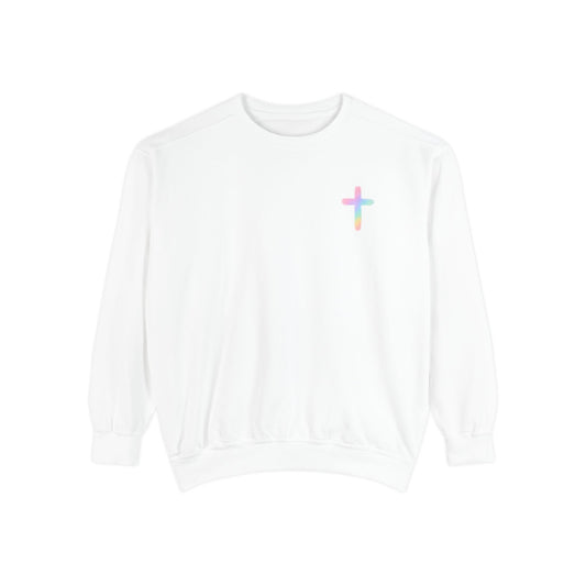Christian Cross Sweatshirt — Pink Faith Message Garment-Dyed Crewneck