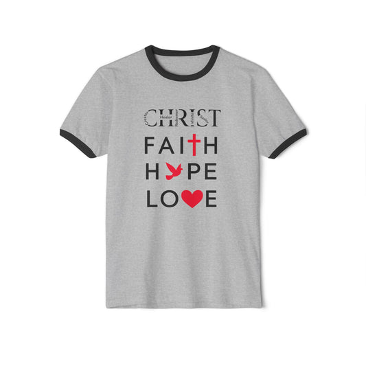 Christian Ringer T-Shirt — 'CHRIST' Front / 'JESUS' Back Religious Tee