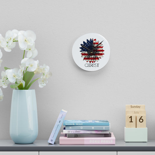 Patriotic Sunflower "Christ" Acrylic Wall Clock — American Flag Floral Christian Home Decor