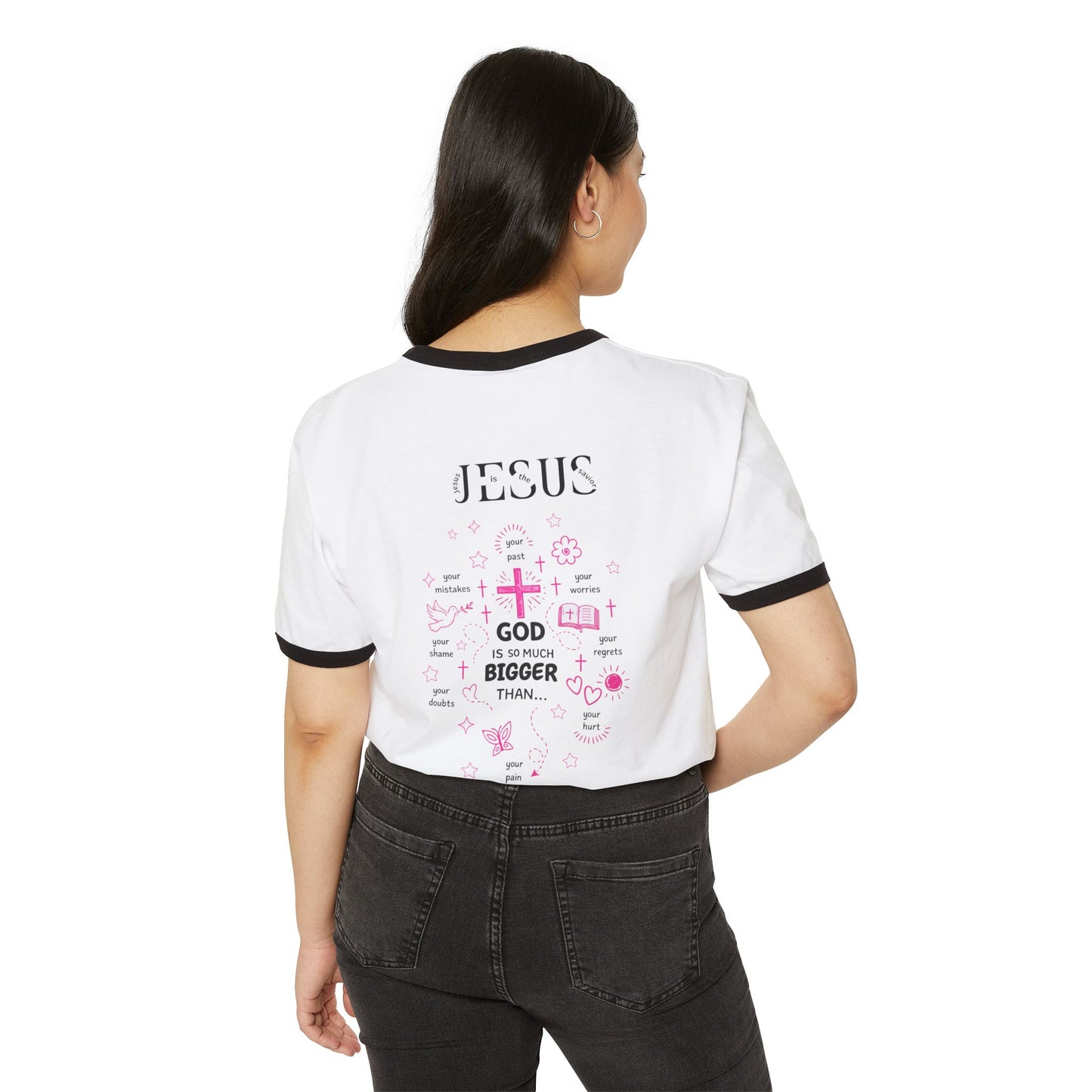 Christian Ringer T-Shirt — 'CHRIST' Front / 'JESUS' Back Religious Tee