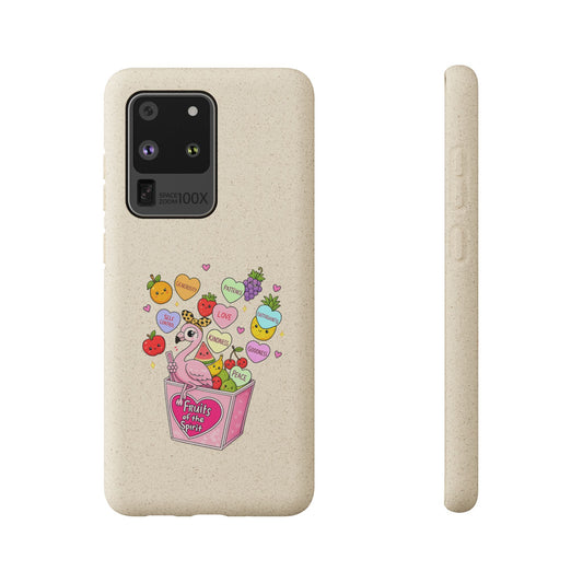 Biodegradable Phone Case — Cute Flamingo & Fruit Hearts "Fruity Love" Eco-Friendly iPhone Cover