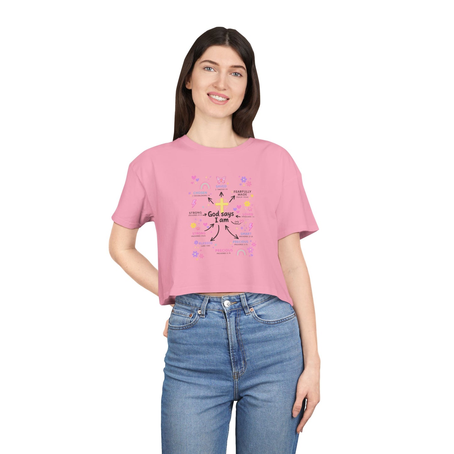 God Says I Am Floral Crop Tee — Christian Inspirational Women's Top