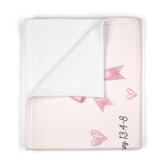 Baby Blanket — Pink ‘1 Corinthians 13:4-8’ Faith Cross with Hearts & Bows
