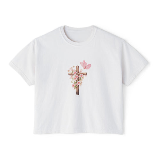 Women's Boxy Tee — Pink Floral Cross "Pray" Christian Graphic Shirt