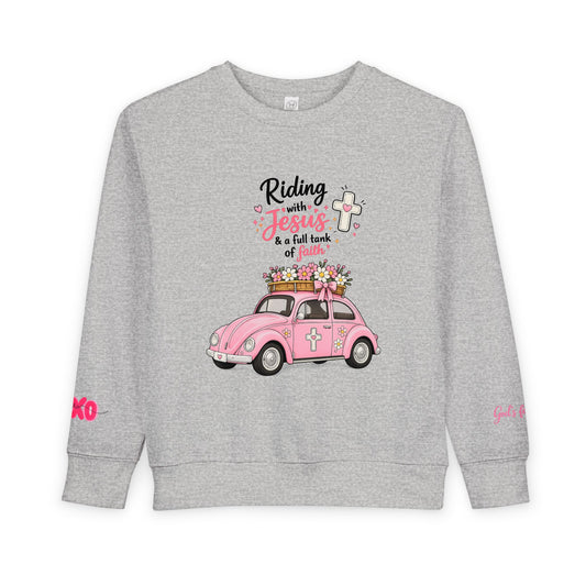 Toddler Sweatshirt - "Riding with Jesus" Pink Beetle Faith Kids Pullover