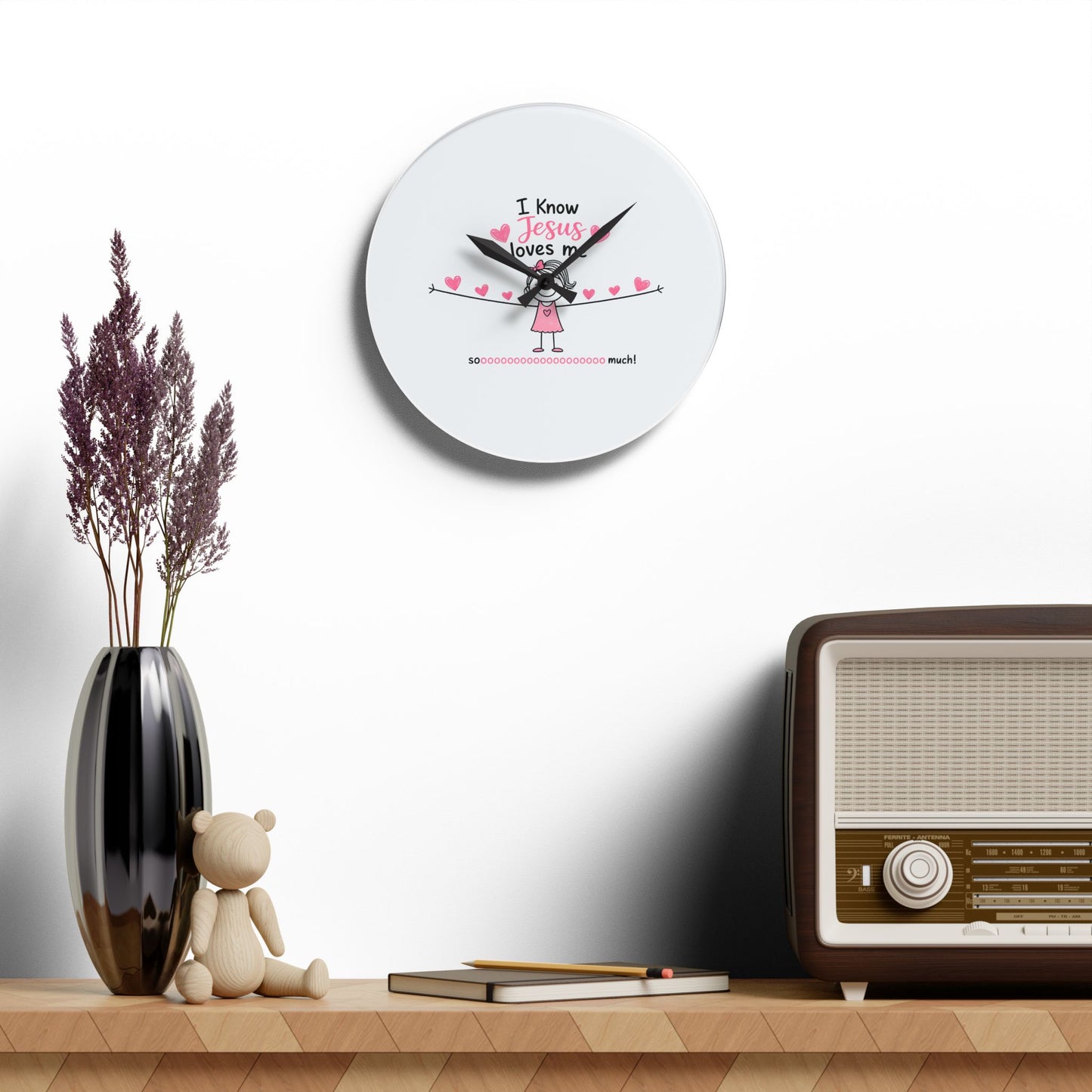 Acrylic Wall Clock — "I Know Jesus Loves Me" Cute Pink Faith Kids' Wall Clock