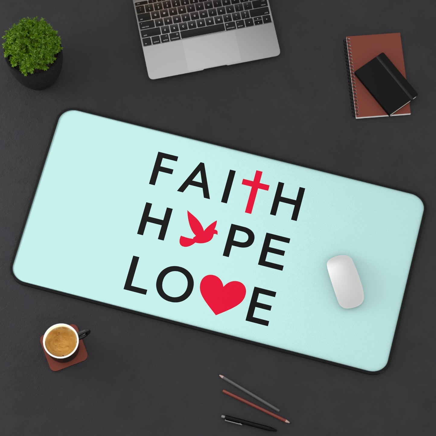 Faith Hope Love Desk Mat — Christian Inspirational Mousepad with Cross, Dove & Heart
