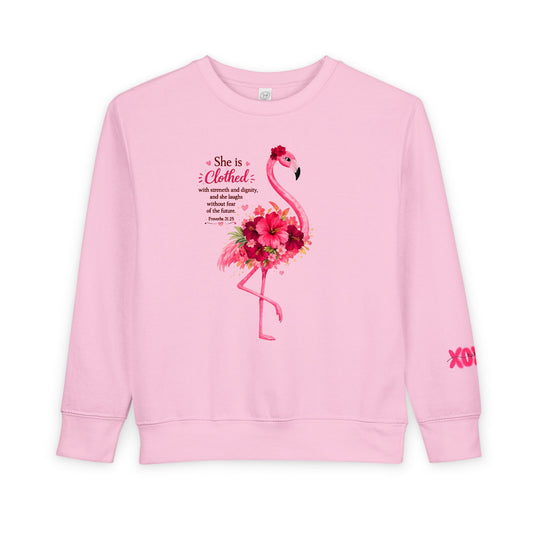 Toddler Sweatshirt - Pink Floral Flamingo "She is clothed" Valentine XOXO