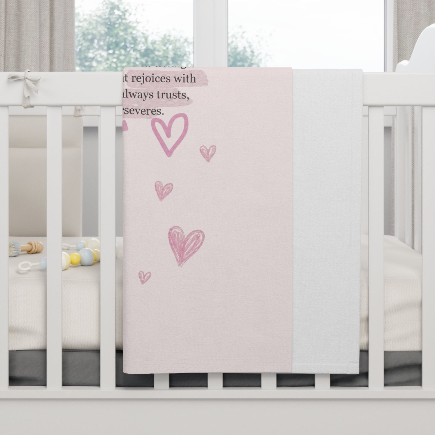 Baby Blanket — Pink ‘1 Corinthians 13:4-8’ Faith Cross with Hearts & Bows
