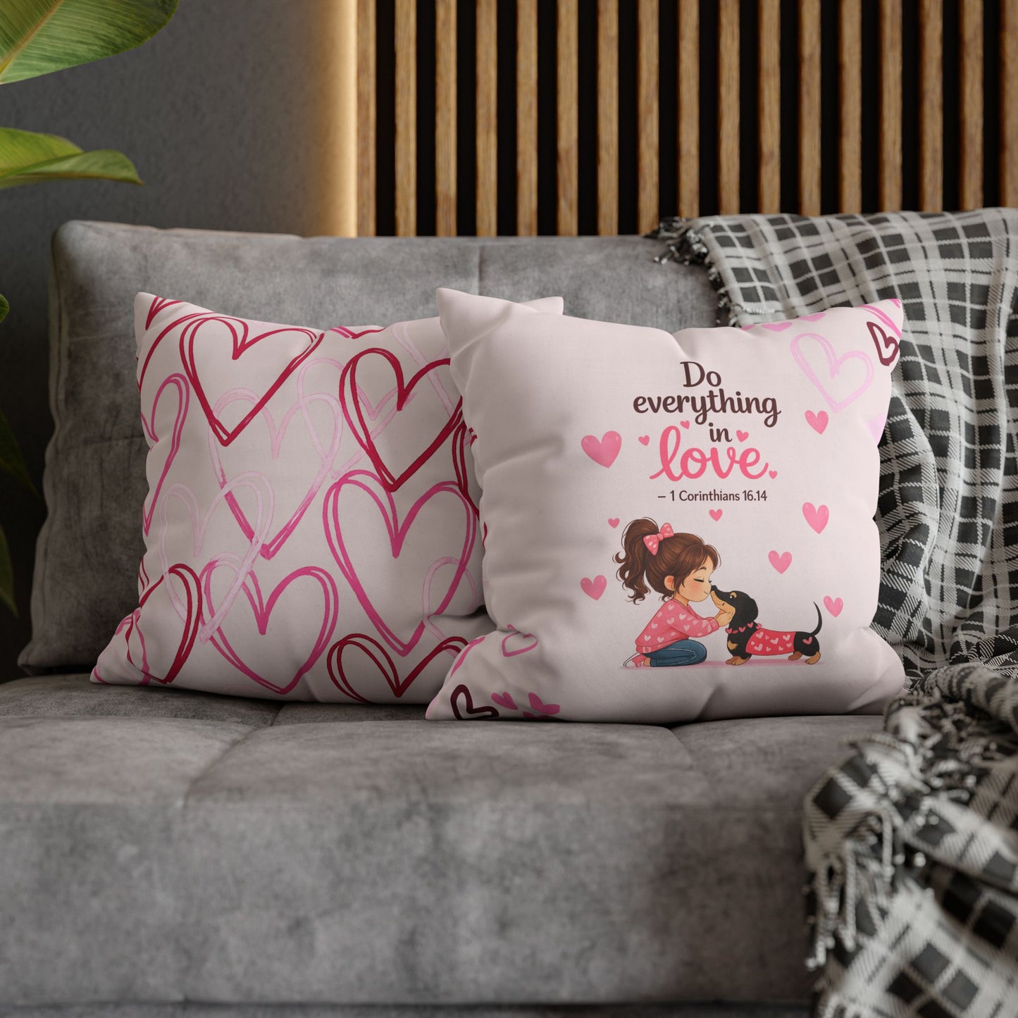 Do Everything in Love Pillowcase — Pink Christian Decorative Throw Pillow