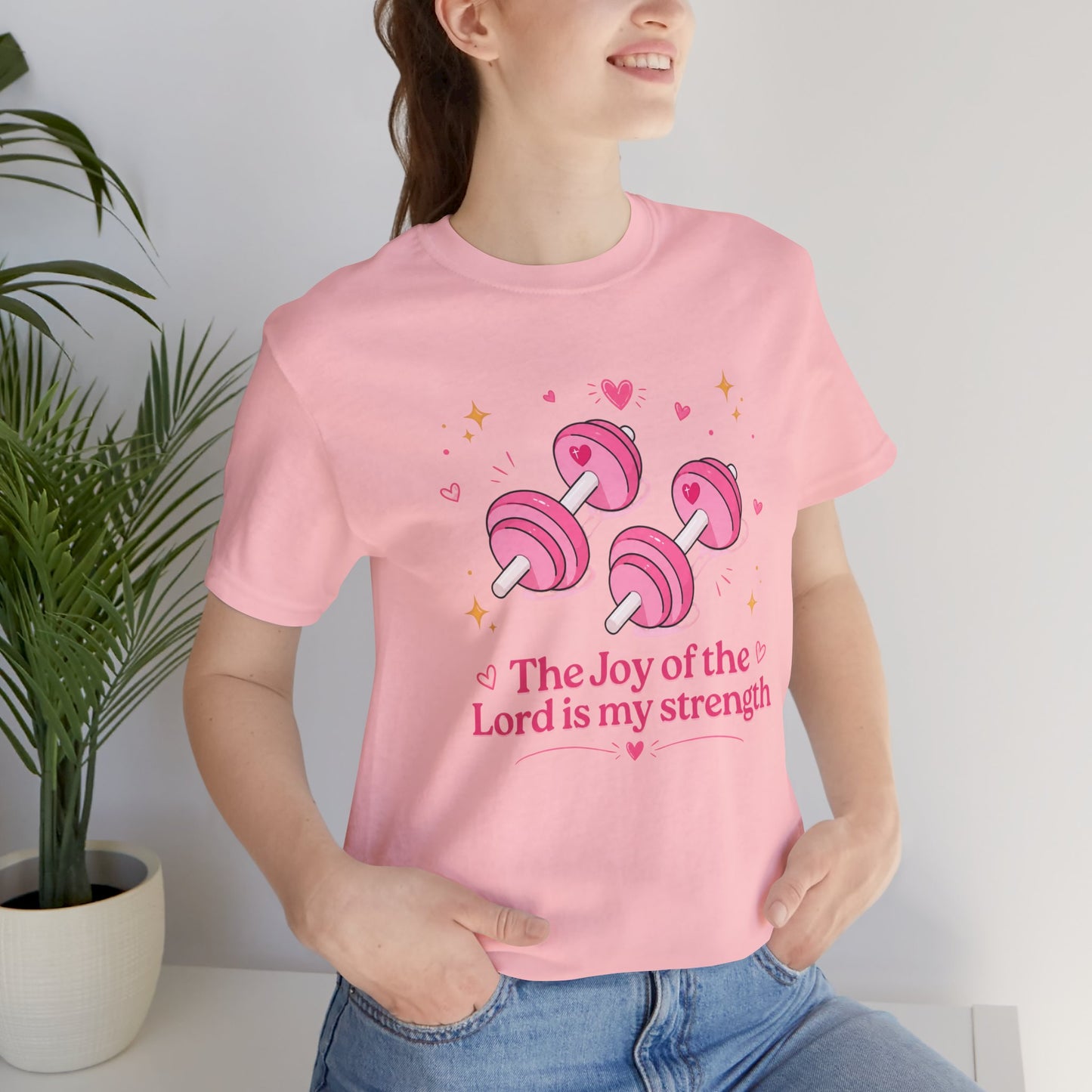 Christian Fitness T-Shirt — “The Joy of the Lord is My Strength” Pink Dumbbells Tee