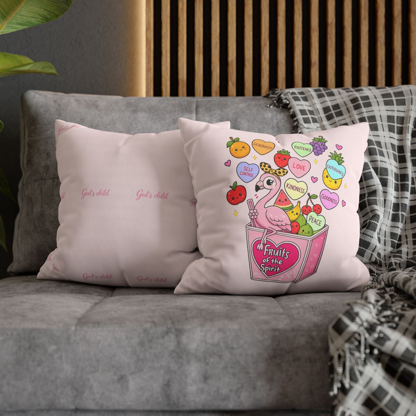 Fruits of the Spirit Pink Decorative Pillowcase — Cute Flamingo & Fruit Hearts