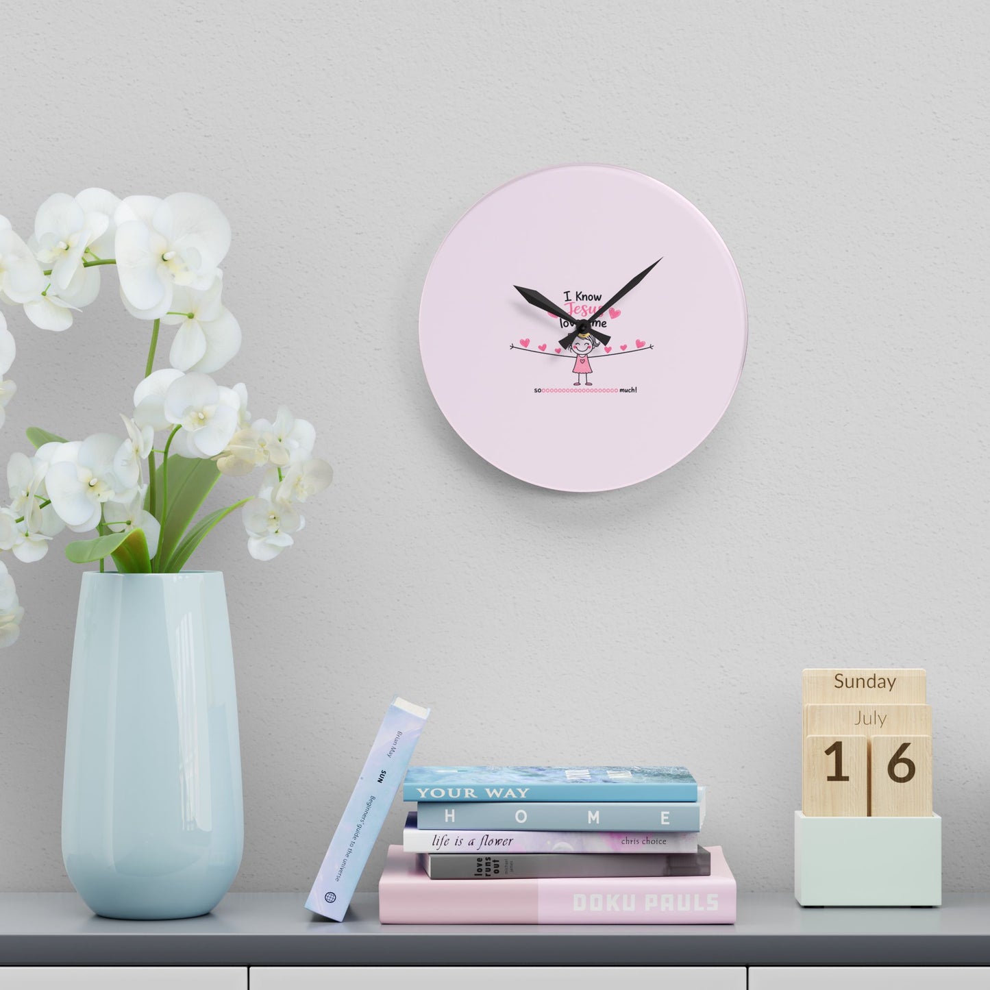 Acrylic Wall Clock - Cute Pink 'I Know Jesus Loves Me' Kids Nursery Clock