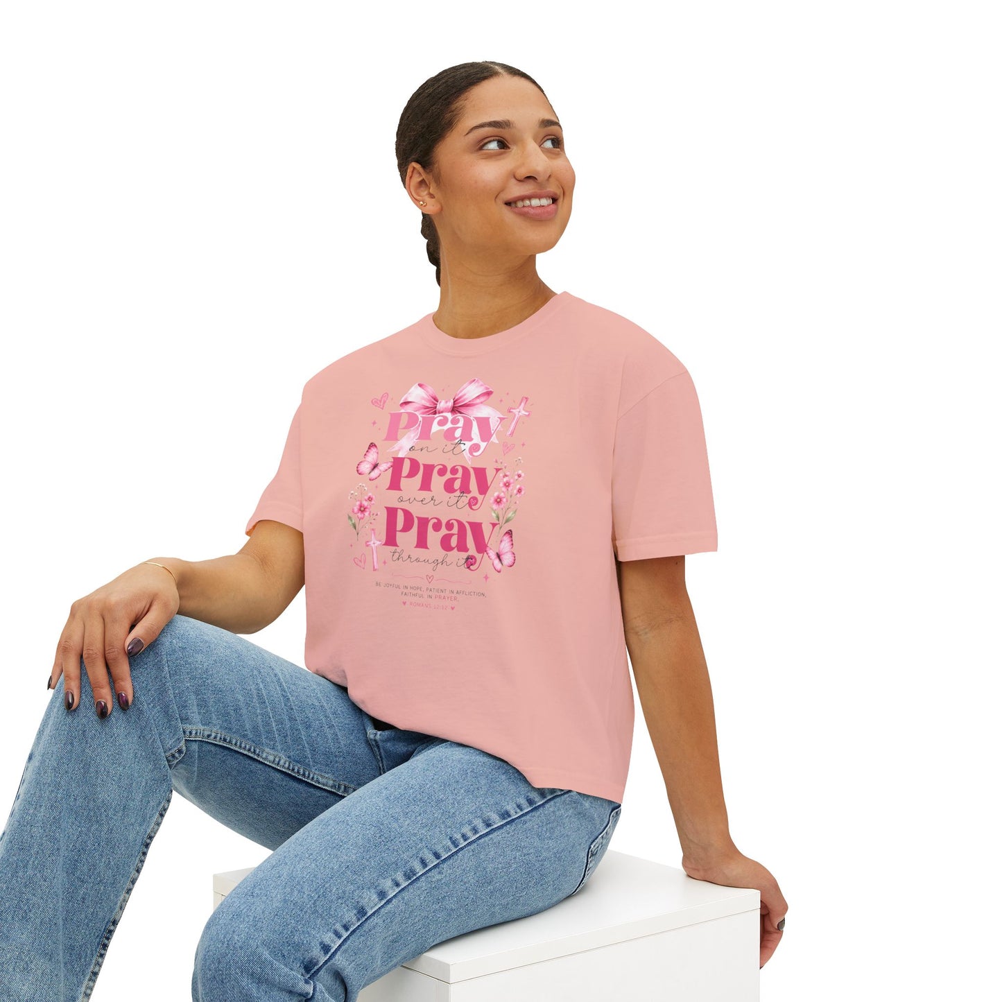 Pray Pray Pray Women's Boxy Tee — Pink Faith Floral Graphic