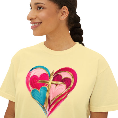 Heart Cross Women's Boxy Tee — Colorful Watercolor Heart Graphic