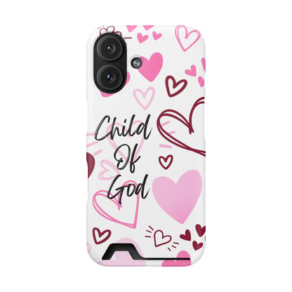 Phone Case — "Child of God" Card Holder Case, Pink Hearts Christian Phone Cover