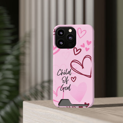 Pink "Child of God" Phone Card Case — Heart Pattern Religious Phone Case with Card Holder
