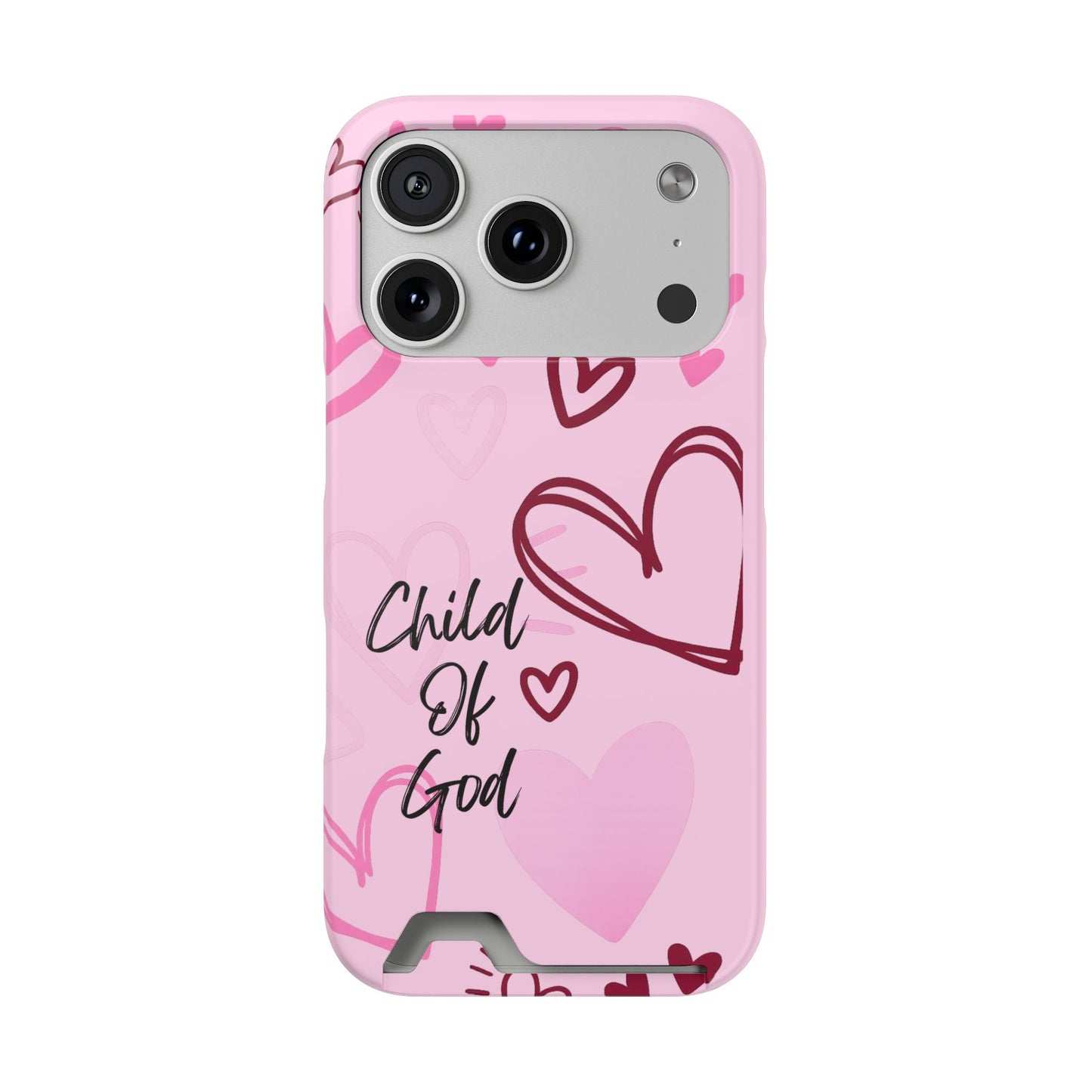 Pink "Child of God" Phone Card Case — Heart Pattern Religious Phone Case with Card Holder