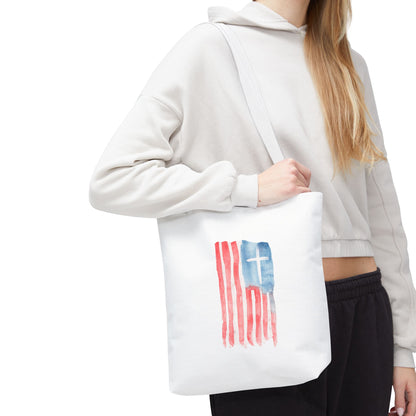 Patriotic Faith Tote Bag — Watercolor Flag with Cross & "Blessed By the Lord" Scripture