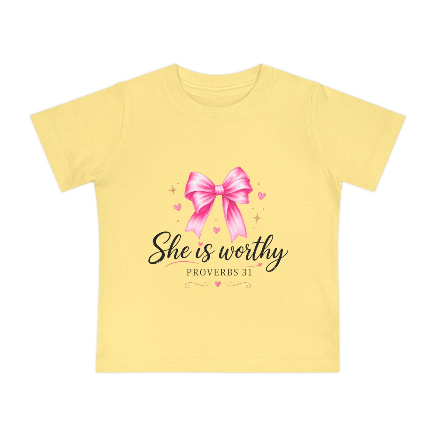 Baby T-Shirt "She is Worthy" Pink Bow Proverbs 31 – Christian Infant Tee