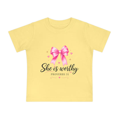 Baby T-Shirt "She is Worthy" Pink Bow Proverbs 31 – Christian Infant Tee