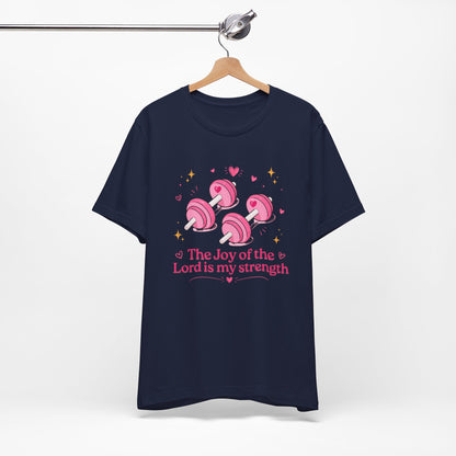 Christian Fitness T-Shirt — “The Joy of the Lord is My Strength” Pink Dumbbells Tee