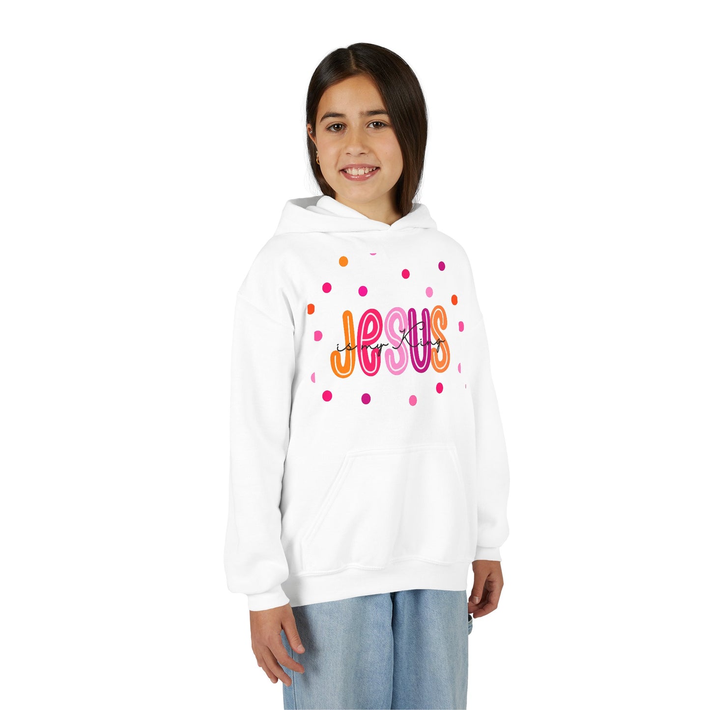 Youth Hoodie — “Jesus” Colorful Polka Dot Christian Pullover