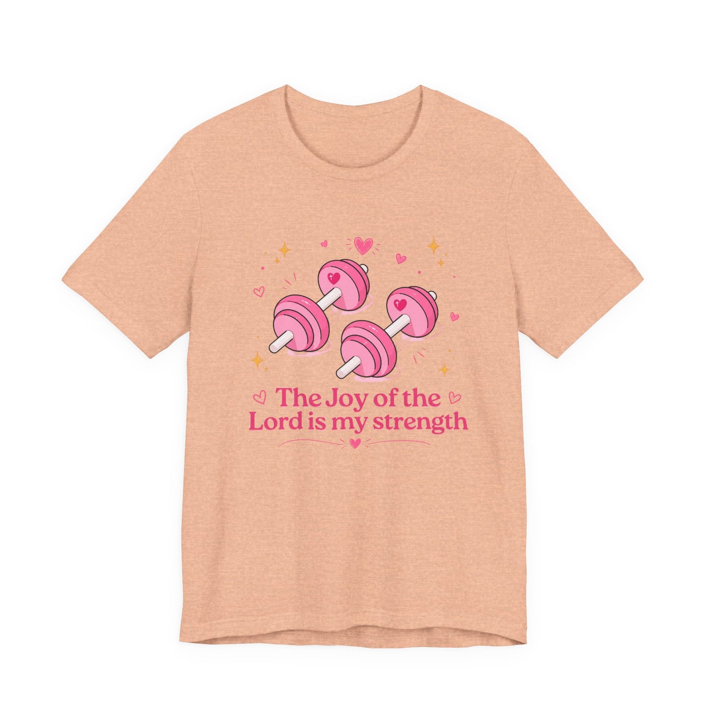 Christian Fitness T-Shirt — “The Joy of the Lord is My Strength” Pink Dumbbells Tee