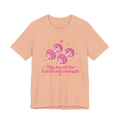 Christian Fitness T-Shirt — “The Joy of the Lord is My Strength” Pink Dumbbells Tee