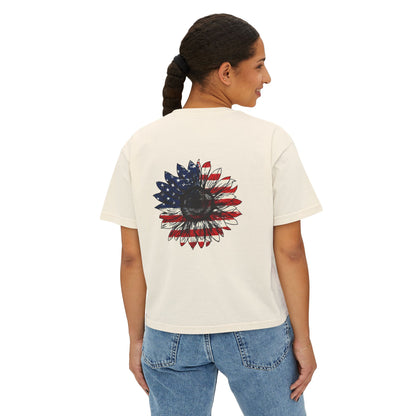 Created With a Purpose Women's Boxy Tee — Patriotic Sunflower Back Graphic