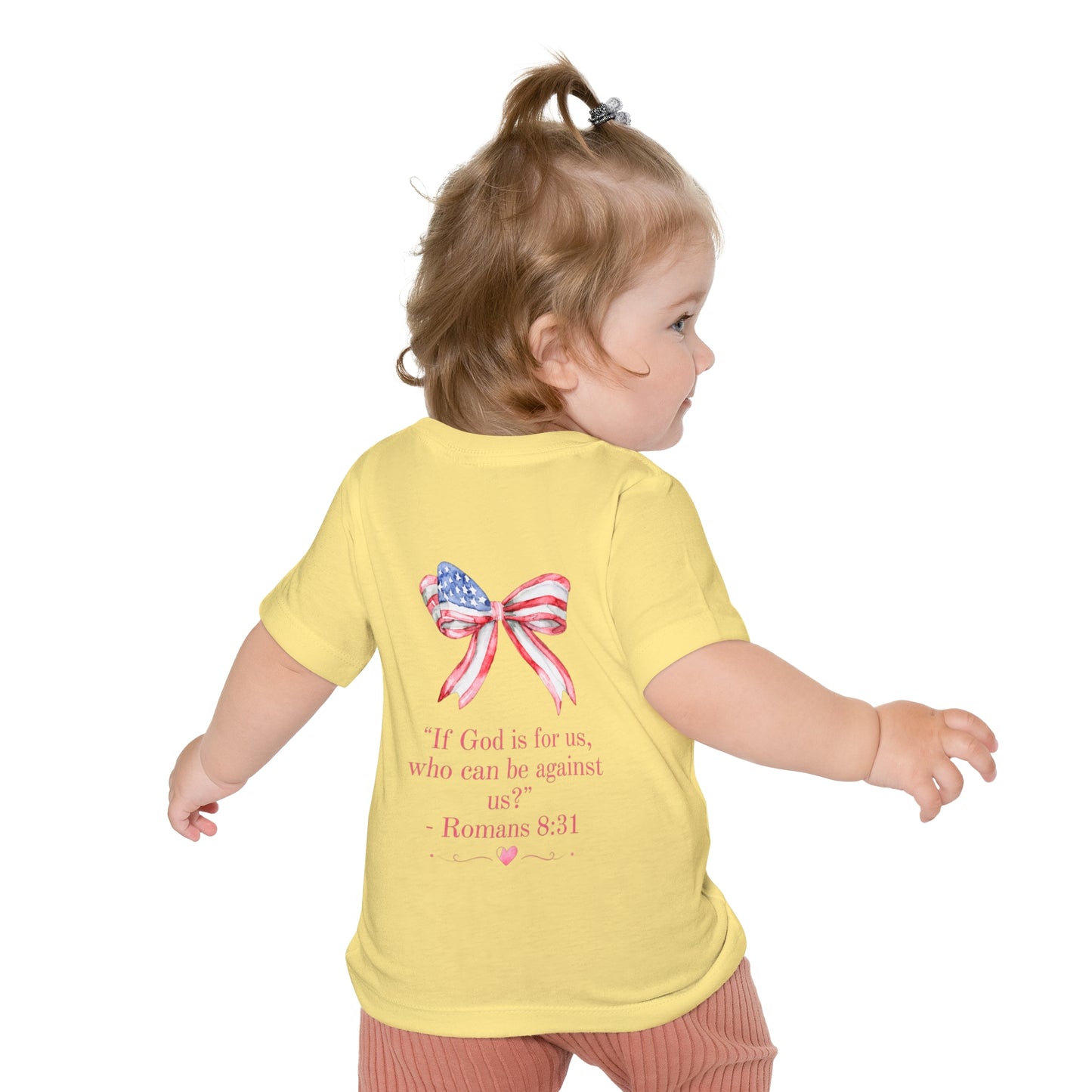 Baby T-Shirt — 'I Am a Child of God' Christian Infant Tee (Romans 8:31, Patriotic Bow Back)