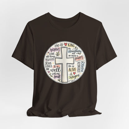 Christian Cross Faith T-Shirt — He Is Risen Inspirational Graphic Tee