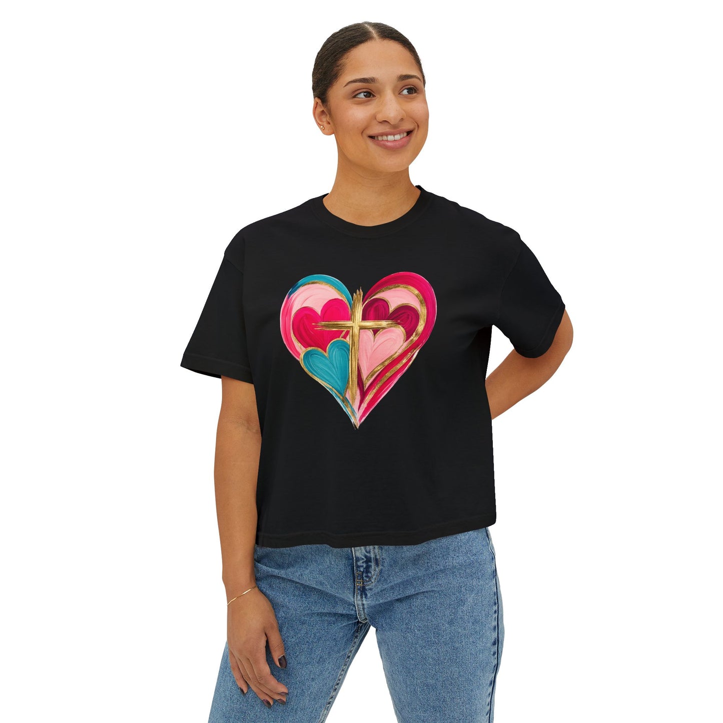 Heart Cross Women's Boxy Tee — Colorful Watercolor Heart Graphic