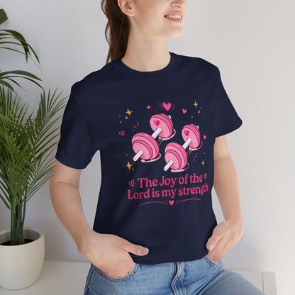 Christian Fitness T-Shirt — “The Joy of the Lord is My Strength” Pink Dumbbells Tee