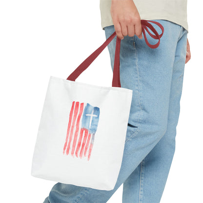 Patriotic Faith Tote Bag — Watercolor Flag with Cross & "Blessed By the Lord" Scripture