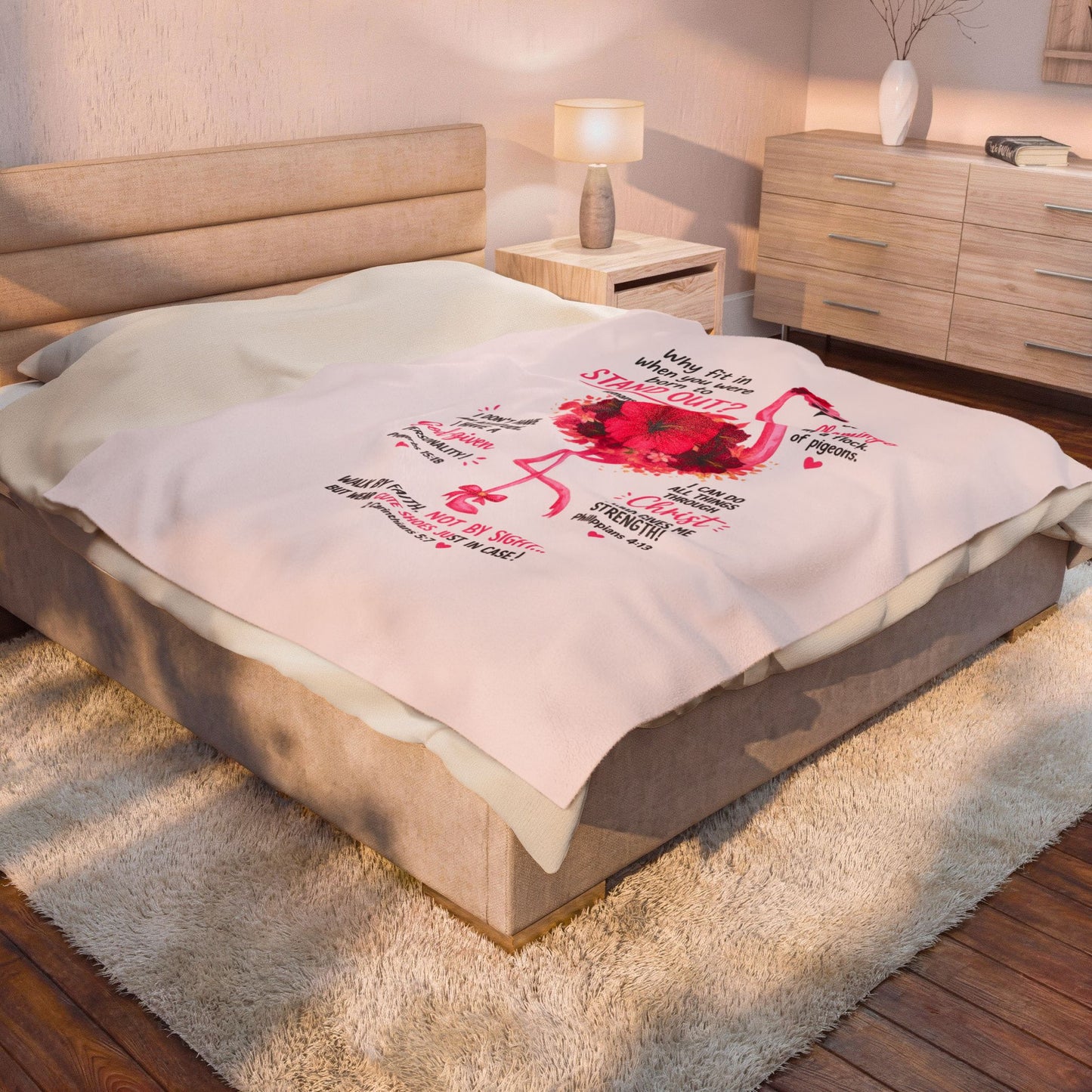 Flamingo Faith Velveteen Plush Blanket – Inspirational Bible Verse Throw ("Stand Out")