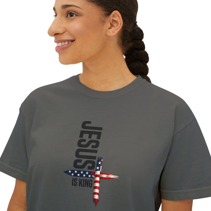 Jesus Is King American Flag Cross Women's Boxy Tee