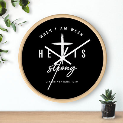 He Is Strong Wall Clock — 2 Corinthians 12:9 Christian Faith Clock