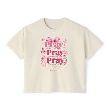 Pray Pray Pray Women's Boxy Tee — Pink Faith Floral Graphic