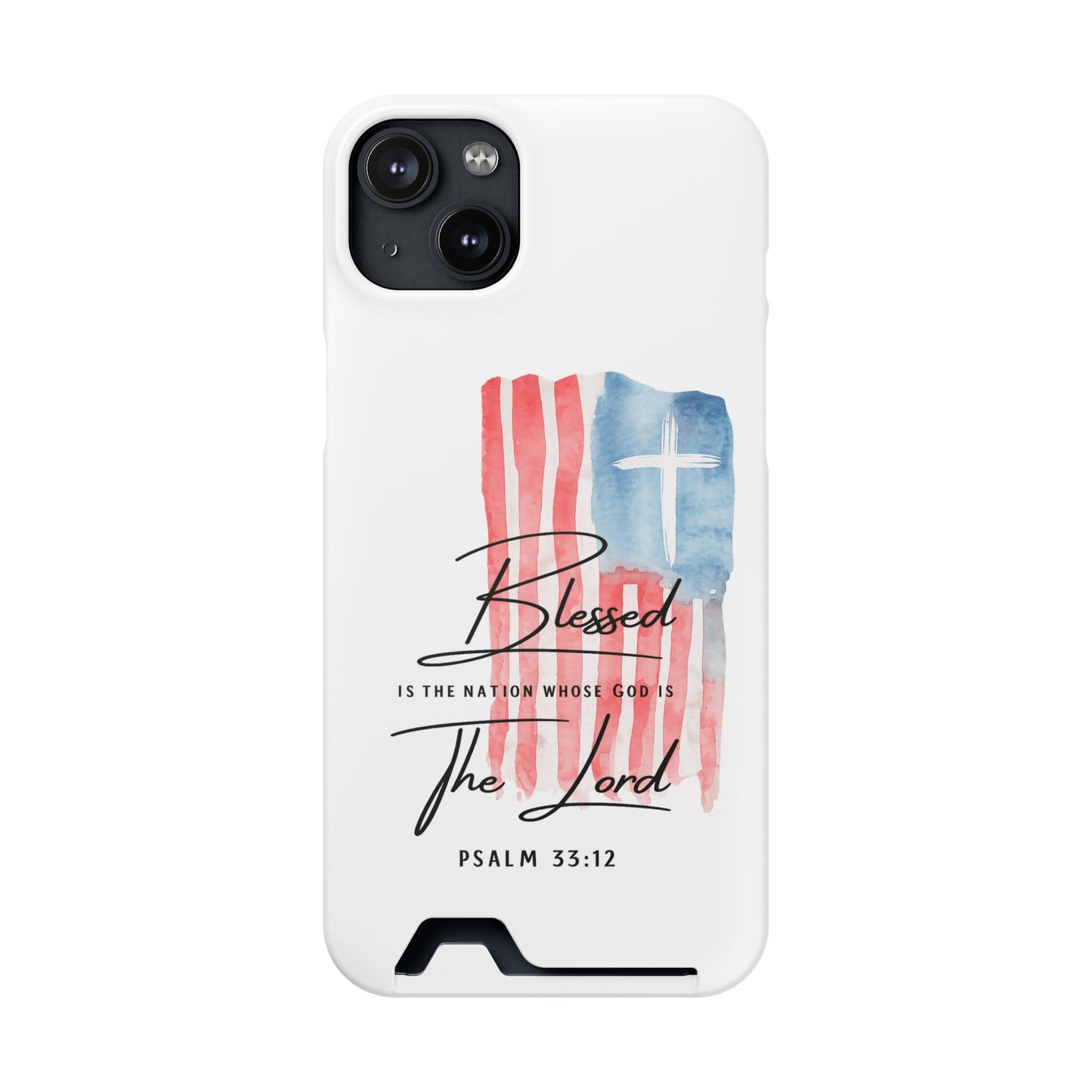 Christian Phone Case with Card Holder — "Blessed The Lord" Psalm 33:12 Patriotic Cross Design