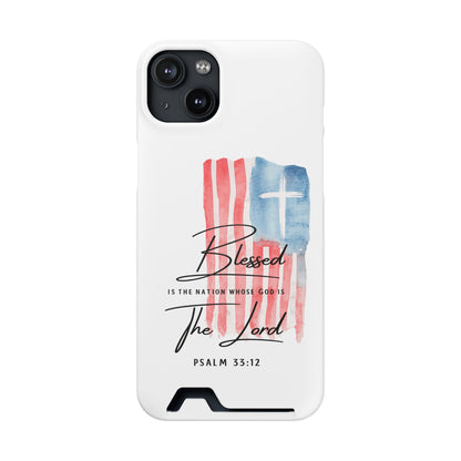 Christian Phone Case with Card Holder — "Blessed The Lord" Psalm 33:12 Patriotic Cross Design