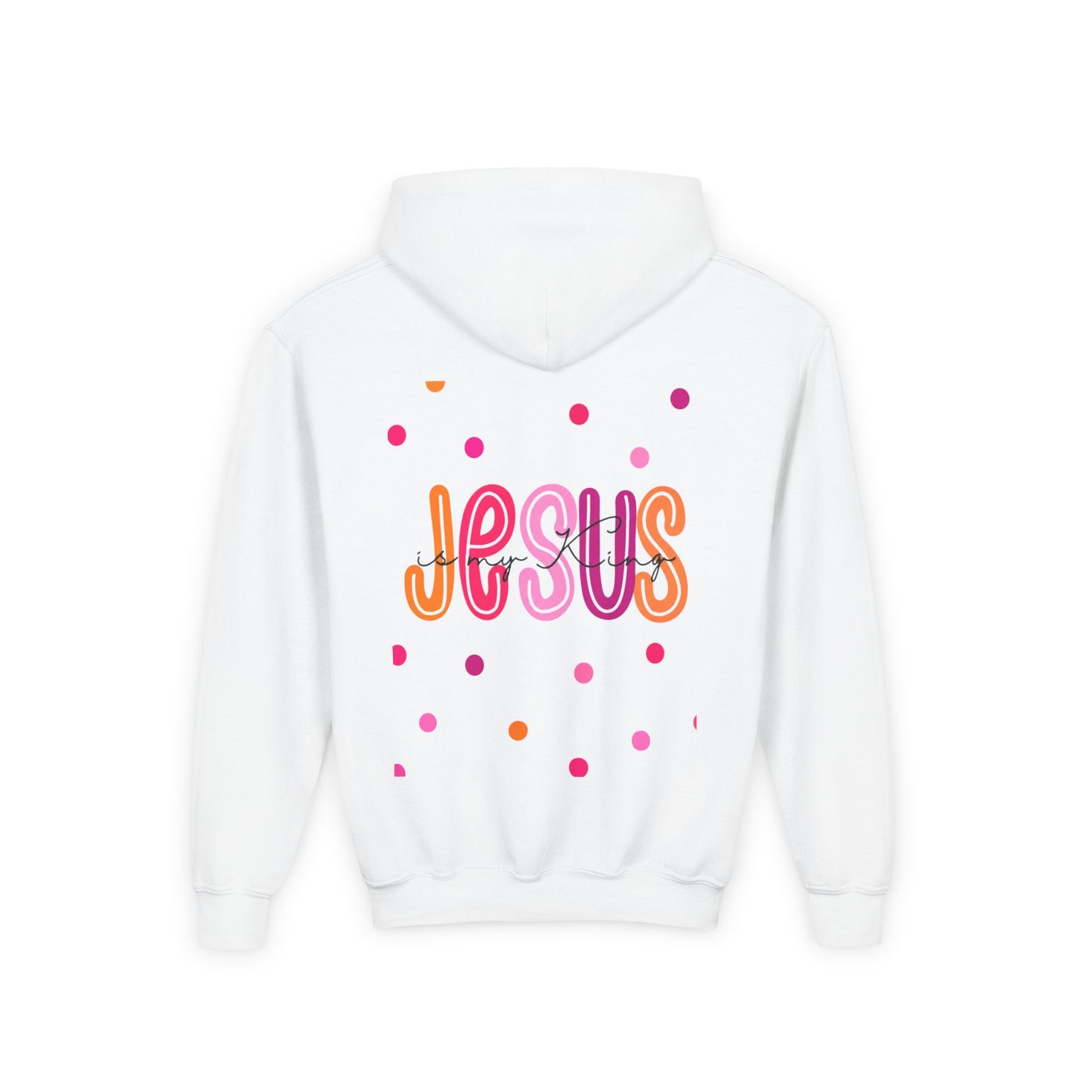 Youth Hoodie — “Jesus” Colorful Polka Dot Christian Pullover