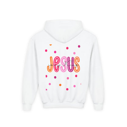 Youth Hoodie — “Jesus” Colorful Polka Dot Christian Pullover