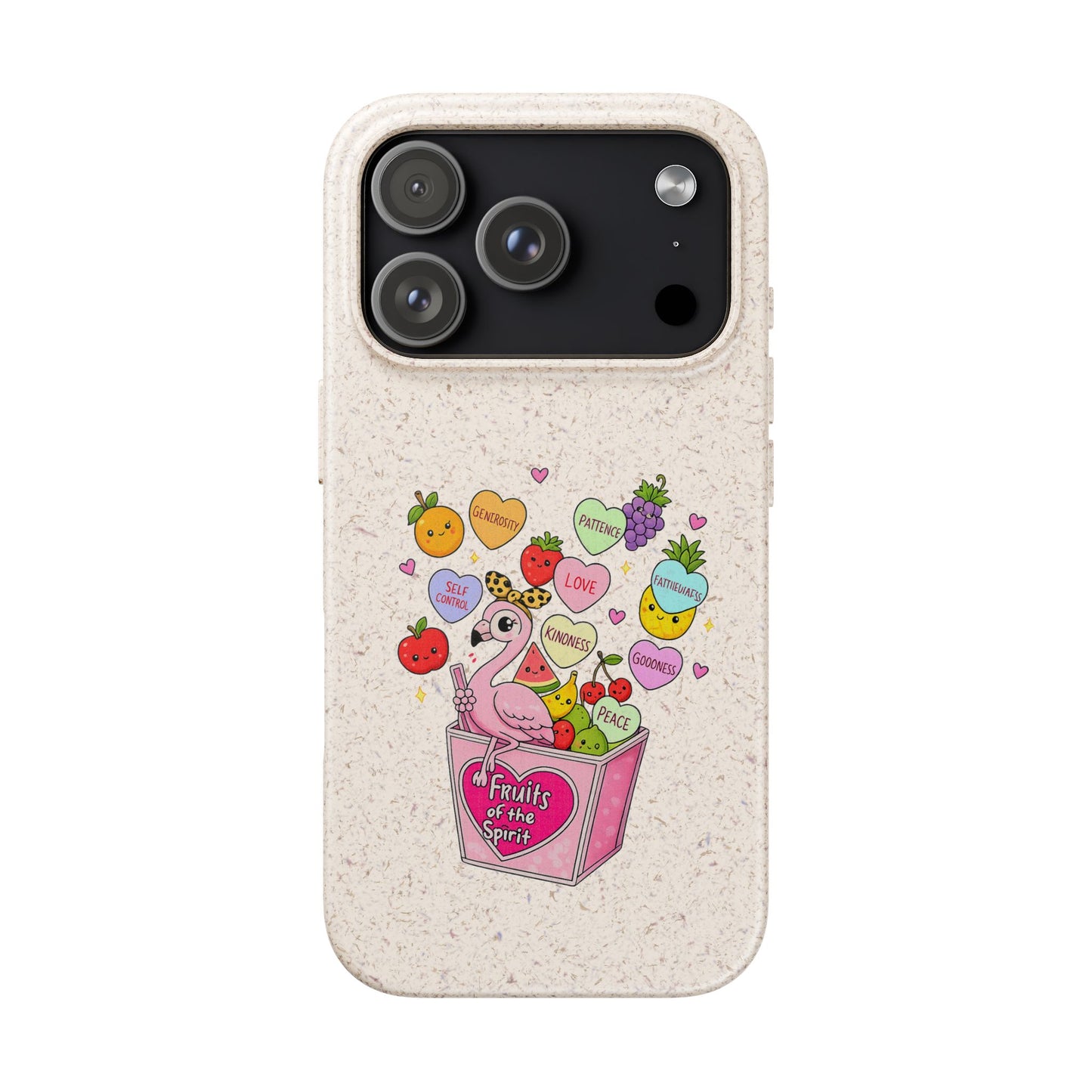 Biodegradable Phone Case — Cute Flamingo & Fruit Hearts "Fruity Love" Eco-Friendly iPhone Cover