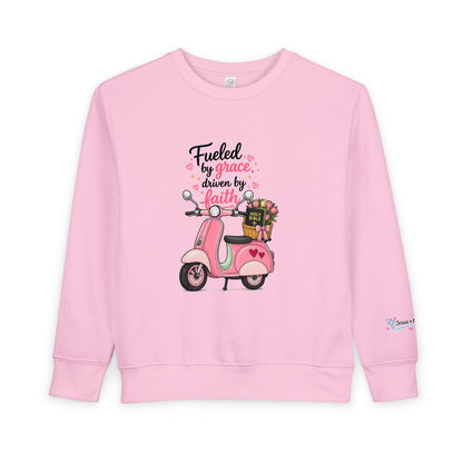 Toddlers' Faith Sweatshirt — "Fueled by Grace, Driven by Faith" Pink Scooter